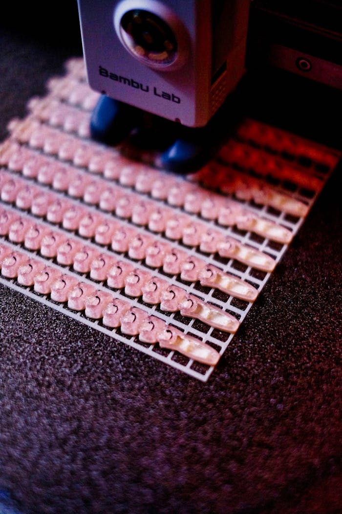 Services 3D printer meticulously crafting intricate plastic parts with precision.